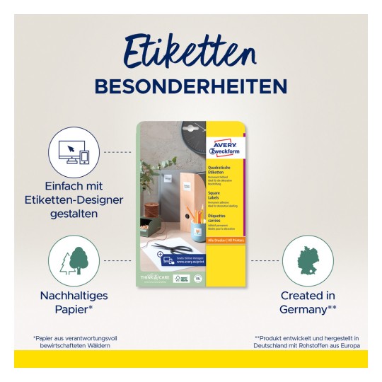 Imaginea prezintă etichete pătrate de la Avery Zweckform. Ea evidențiază caracteristici precum designul ușor folosind un instrument online, hârtia sustenabilă și faptul că sunt create în Germania. Elementele vizuale includ un spațiu de lucru cu materiale de etichetare.