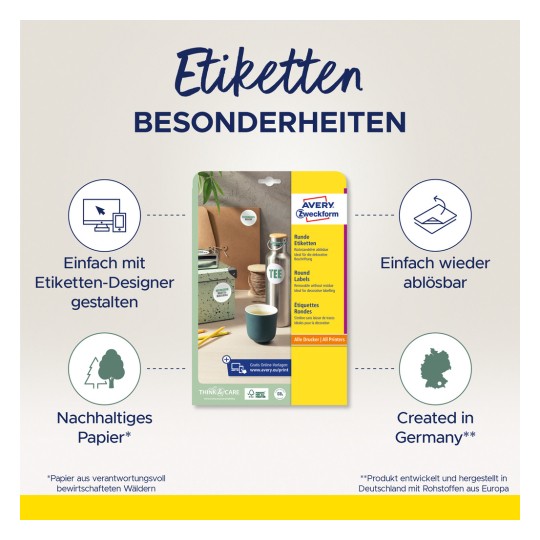 Imaginea afișează un pachet de produse pentru etichete rotunde de la Avery Zweckform, prezentând informații despre simplitatea designului, autocolante detașabile, hârtie durabilă și producția în Germania.