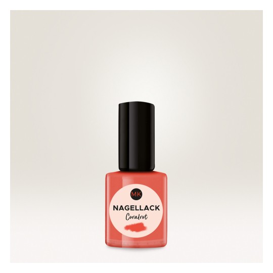 Imaginea prezintă o sticlă de ojă cu un capac negru și culoare coral roșu, etichetată 'Nagellack Coralrot'.