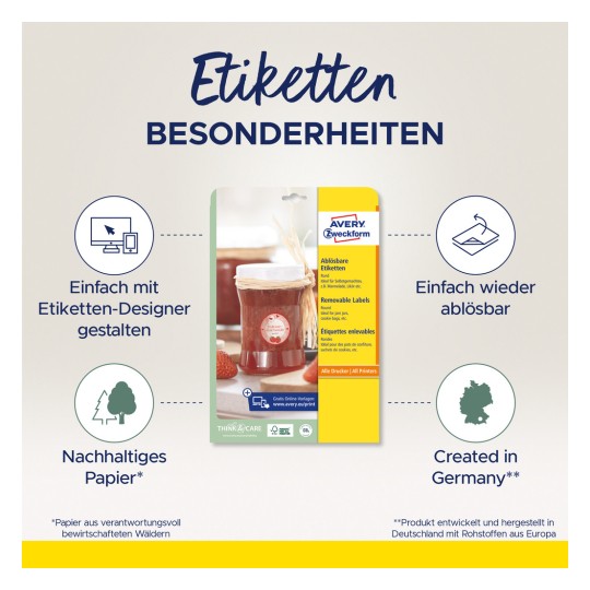 Imaginea arată ambalajul pentru etichete detașabile de la Avery Zweckform, evidențiind caracteristici precum design ușor cu un instrument online, reutilizare, hârtie durabilă și producție în Germania.