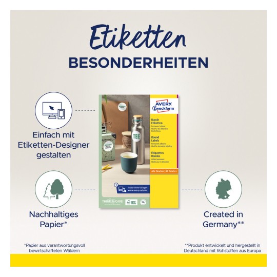 Imaginea prezintă etichete Avery, în special etichete rotunde concepute pentru diverse utilizări. Promovează personalizarea ușoară folosind un instrument de design online și subliniază sustenabilitatea, cu hârtie provenită din păduri gestionate responsabil. Produsul este dezvoltat și fabricat în Germania.