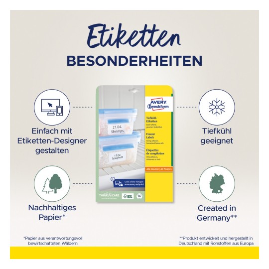 Imaginea prezintă o reclamă pentru etichetele de congelator Avery, evidențiindu-le opțiunile de design, materialele sustenabile și adecvarea pentru congelare. Include exemple de containere etichetate pentru creveți și spaghetti.