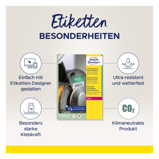 Imaginea afișează un design de etichetă care prezintă diverse caracteristici ale etichetelor Avery Zweckform. Accentuează caracteristici precum designul ușor, ultra-rezistența, adezivul puternic și neutralitatea climatică, cu o imagine a produsului în partea stângă.