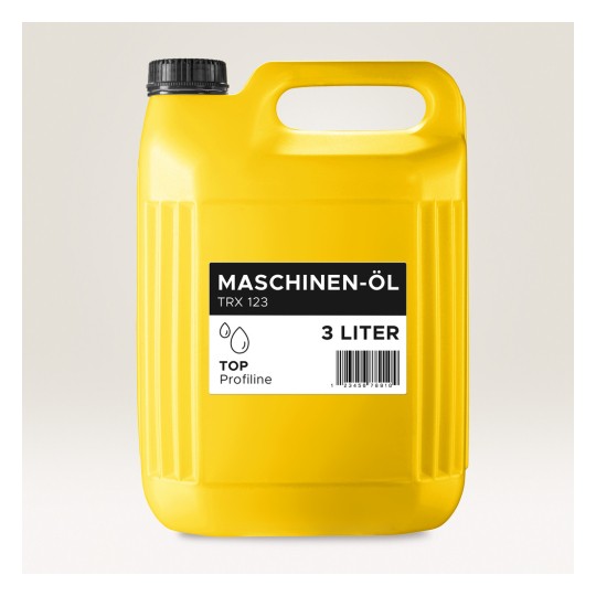 Imaginea arată un recipient galben din plastic, etichetat 'Maschinen-Öl', care este ulei pentru mașini, cu o capacitate de 3 litri. Are un capac negru și un cod de bare pe etichetă.