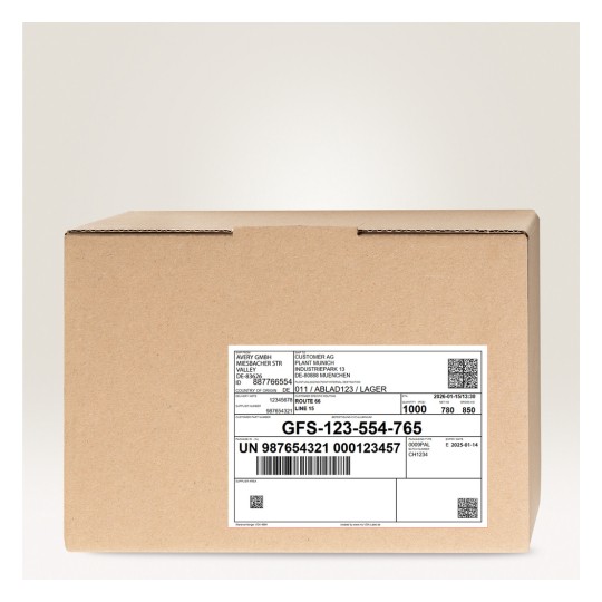 Imaginea arată o cutie de carton cu o etichetă de expediere. Eticheta include diverse detalii, precum informații despre client, numere de urmărire și coduri de bare.