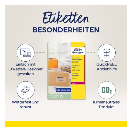 Imaginea prezintă un pachet de etichete de expediere transparente de la Avery, evidențiind caracteristici precum asistența în design, rezistența la intemperii, dezlipirea ușoară și prietenia cu mediul.