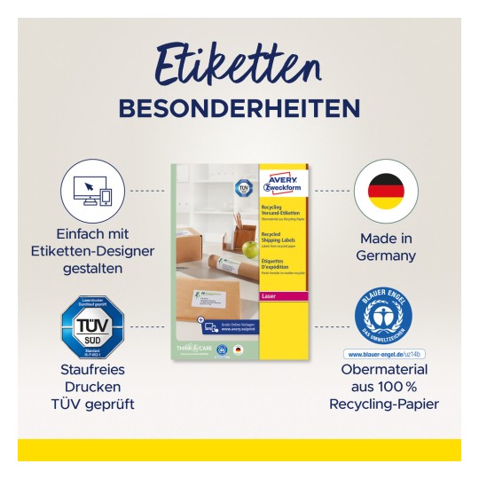 Imaginea prezintă un design de etichetă de produs pentru etichete de transport reciclate de la Avery Zweckform. Evidențiază caracteristici precum fabricarea în Germania, certificarea TÜV și utilizarea hârtiei 100% reciclate. Sunt prezente elemente vizuale precum o pictogramă de computer și cutii de produs, alături de logo-uri care indică calitatea și conformitatea cu reciclarea.