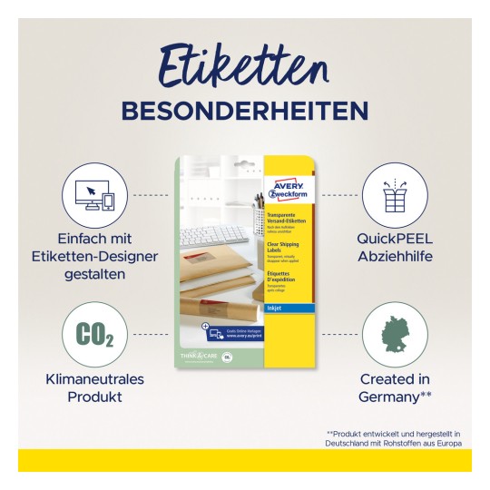 Imaginea prezintă o broșură de produs pentru etichetele de expediere transparente Avery Zweckform, subliniind caracteristici precum ușurința de proiectare folosind designerul lor de etichete, neutralitatea CO2, asistența QuickPEEL pentru o dezlipire facilă și faptul că sunt create în Germania.