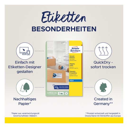 Imaginea arată ambalajul pentru etichete de expediere Avery, evidențiind caracteristici precum tehnologia QuickDry, hârtia sustenabilă și ușurința de proiectare folosind un instrument online. Se menționează că produsul este creat în Germania.