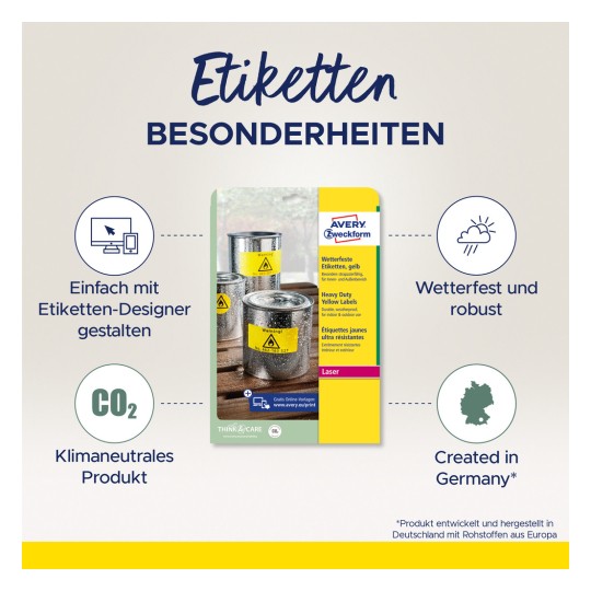 Imaginea prezintă etichete de la Avery Zweckform, etichete galbene rezistente la intemperii, concepute pentru utilizări intense. Subliniază ușurința de proiectare utilizând un designer de etichete, neutralitatea CO2 și faptul că produsul este fabricat în Germania.