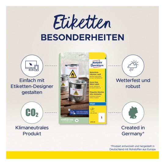 Imaginea prezintă caracteristicile etichetelor rezistente la intemperii ale produselor Avery Zweickform, evidențiind ușurința de proiectare, neutralitatea climatică și calitățile robuste.