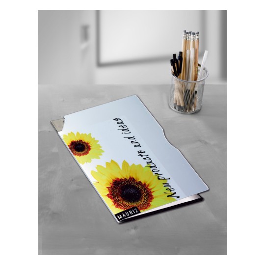 Imaginea arată un dosar decorat cu floarea-soarelui și textul „Produse și idei noi.” Alături se află un suport de pixuri din plasă, plin cu diverse instrumente de scris.