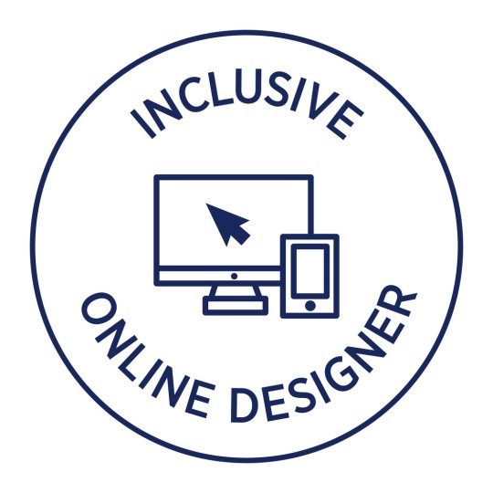 Imaginea prezintă un design circular cu cuvintele 'Designer Inclusiv Online' în jurul unei grafici care include un monitor de computer și un smartphone, cu un cursor săgeată pe monitor.