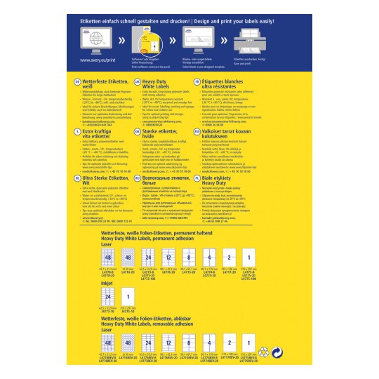Imaginea conține informații despre diferite tipuri de etichete, inclusiv opțiuni pentru etichete rezistente la intemperii și etichete albe de mare rezistență, împreună cu îndrumări despre design și imprimare. Aceasta prezintă instrucțiuni multilingve pentru diferite tipuri de etichete și specificațiile acestora, inclusiv dimensiunea și compatibilitatea cu imprimante laser sau inkjet.