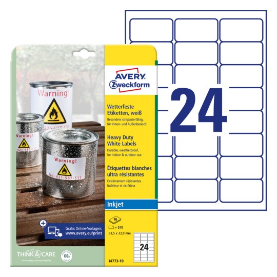 Imagine de ambalaj cu coli de etichete: Avery Zweckform Etichete din folie rezistente la intemperii, Articol: J4773-10, Format: 63,5 x 33,9 mm, Potrivire pentru imprimantă: Inkjet, Conținut: 240 etichete / 10 coli, 24 etichete/coală.
