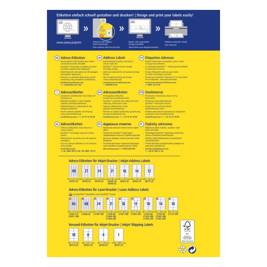 Imaginea prezintă diferite opțiuni de etichete de adresă și sfaturi de imprimare de la Avery. Include informații în mai multe limbi și un tabel cu dimensiunile etichetelor pentru imprimante cu jet de cerneală și laser.
