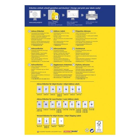 Această imagine oferă informații despre etichetele de adrese, inclusiv instrucțiuni de imprimare, utilizarea software-ului și o listă de coduri de produse pentru diverse etichete de adrese și de expediere în mai multe limbi.