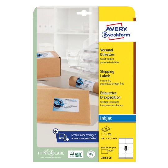 Imagine de ambalaj: Etichete de expediție albe Avery Zweckform, pentru imprimante cu jet de cerneală, Articol: J8165-25, Dimensiune: 99,1 x 67,7 mm, Potrivite pentru imprimare: Inkjet, Conținut: 200 etichete / 25 coli, 8 etichete/coală.