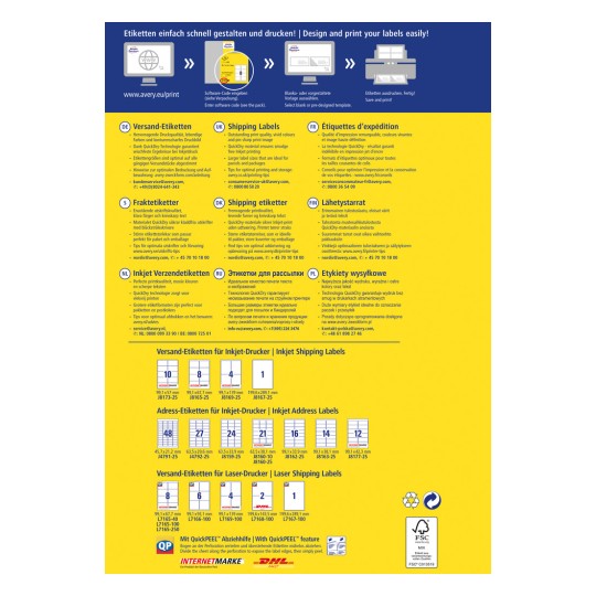 Imaginea este un ghid de imprimare a etichetelor de la Avery, detaliind diferite tipuri de etichete, specificații și sfaturi de imprimare în mai multe limbi, inclusiv germană, engleză, franceză și altele. Oferă informații despre etichete de expediere, etichete de adresă și cum să le proiectați și imprimați eficient.