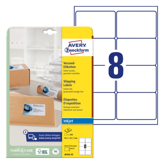 Imagine produsului cu foaie de etichete: Avery Zweckform Etichete pentru expediere, Articol: J8165-25, Format: 99,1 x 67,7 mm, Compatibilitate imprimantă: Inkjet, Conținut: 200 etichete / 25 foi, 8 etichete/foaie?