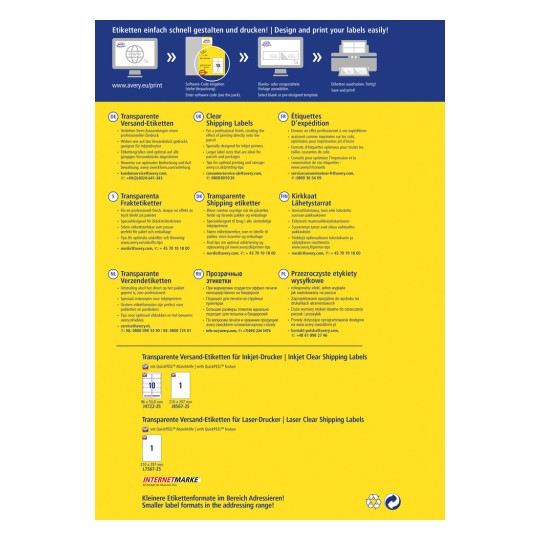Imaginea afișează un ghid promoțional pentru etichetele transparente de expediere Avery, prezentând diferite tipuri de etichete pentru imprimante inkjet și laser. Include text în mai multe limbi și oferă pași pentru proiectarea și tipărirea etichetelor în mod eficient.