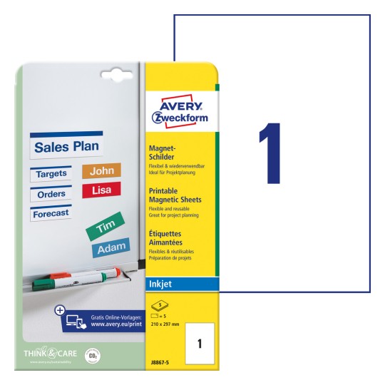 Imaginea ambalajului cu foaie de etichete: Avery Zweckform Plăcuțe magnetice, Articol: J8867-5, Format: 210 x 297 mm, Potrivit pentru tipărire: Inkjet, Conținut: 5 etichete / 5 foi, 1 etichetă/foaie?