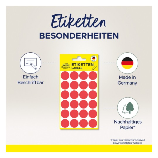 Această imagine prezintă un ambalaj de produs pentru etichete Avery Zweckform, care afișează etichete circulare roșii pe un carton galben. Există descrieri care indică faptul că sunt inscriptibile, fabricate în Germania și realizate din hârtie durabilă.