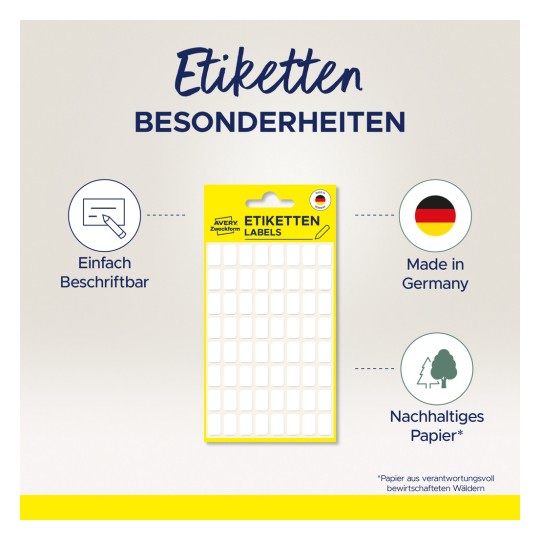 Imaginea prezintă un pachet de produse pentru etichete de la Avery Zweckform, evidențiind faptul că sunt ușor de scris pe ele, fabricate în Germania și imprimate pe hârtie sustenabilă.