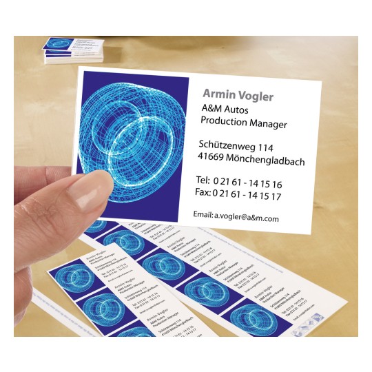 Imaginea prezintă o carte de vizită aparținând lui Armin Vogler, Manager de Producție la A&M Autos. Include informații de contact și un design grafic albastru pe un fundal alb, cu mai multe cărți identice vizibile în fundal.