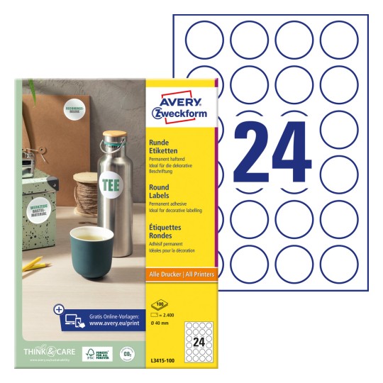 Imagine pachetului cu foaie de etichete: Avery Zweckform Etichete rotunde, Articol: L3415-100, Format: ⌀ 40 mm, Potrivire pentru tipărire: Inkjet, Laser alb-negru, Laser color, Conținut: 2.400 etichete / 100 foi, 24 etichete/foaie.