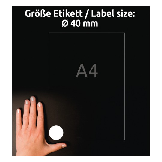 Comparație de dimensiuni cu mâna, articol: L3415-10, o coală de etichete rotunde, format: ⌀ 40 mm, culoare: albă?