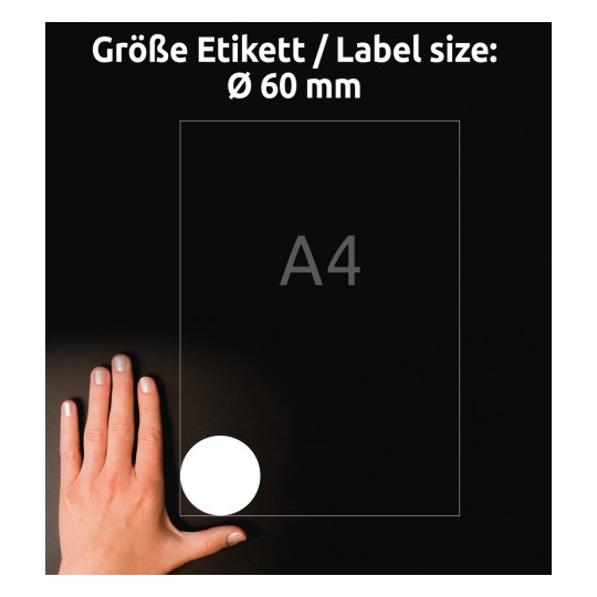 Comparare de dimensiune cu mâna, Articol: L3416-100, o coală de etichete rotunde, Format: ⌀ 60 mm, Culoare: Alb?