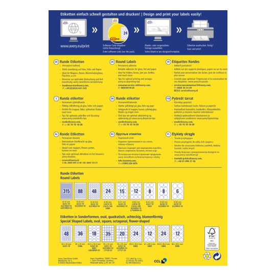 Imaginea conține informații despre proiectarea și imprimarea etichetelor rotunde, inclusiv sfaturi pentru imprimarea optimă și o varietate de dimensiuni de etichete în diferite limbi.