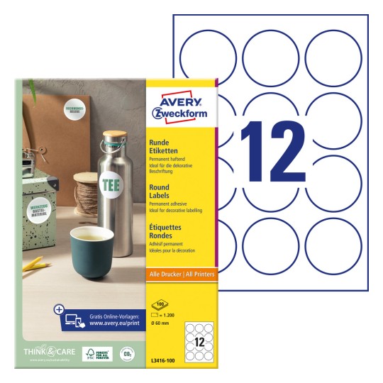 Imagine de ambalaj cu foaie de etichete: Avery Zweckform Etichete rotunde, Articol: L3416-100, Format: ⌀ 60 mm, Recomandate pentru imprimante: Inkjet, Laser alb-negru, Laser color, Conținut: 1.200 etichete / 100 foi, 12 etichete/foaie.