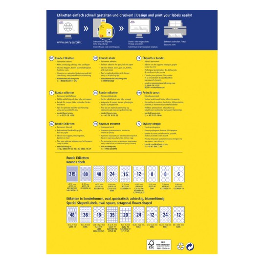 Imaginea afișează informații despre proiectarea și tipărirea diferitelor tipuri de etichete, inclusiv etichete rotunde și cu forme speciale, cu detalii despre adezivi și șabloane oferite de Avery.