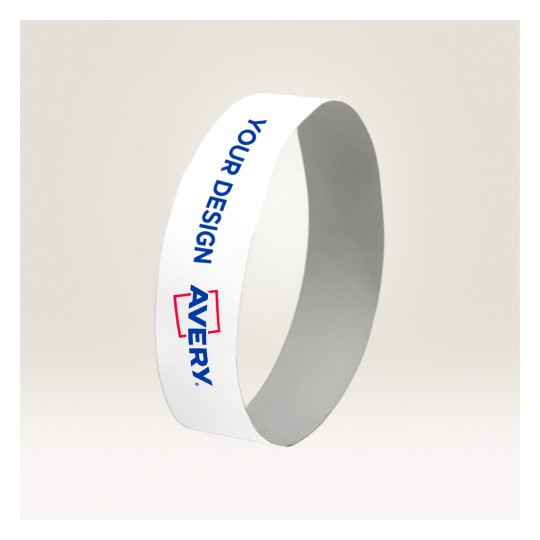 Imaginea arată o bandă albă goală sau o etichetă cu textul 'YOUR DESIGN' și numele brandului 'AVERY' afișat proeminent pe ea. Designul sugerează că poate fi personalizat.