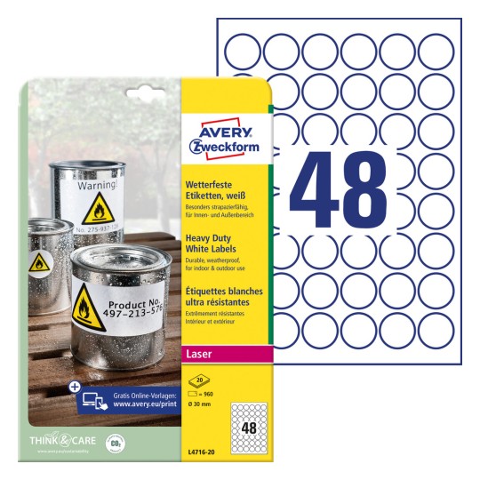 Imaginea ambalajului cu set de etichete: Avery Zweckform Etichete pe folie rezistente la intemperii, Articol: L4716-20, Format: ⌀ 30 mm, Compatibilitate imprimantă: Laser monocrom, laser color, Conținut: 960 etichete / 20 foi, 48 etichete/foaie.