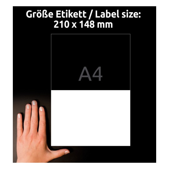 Comparație de dimensiuni cu mâna, Articol: L4717-20, o coală de etichete din folie rezistentă la intemperii, Format: 210 x 148 mm, Culoare: Alb?