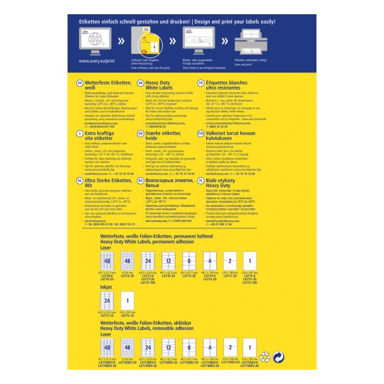 Imaginea este un ghid pentru produsele de etichete Avery, detaliind caracteristicile acestora, cum ar fi durabilitatea, rezistența la apă și calitățile adezive. Include instrucțiuni de utilizare, specificații pentru diferite tipuri de etichete și informații de contact. Sunt folosite diverse limbi, inclusiv germană, franceză, olandeză și poloneză.