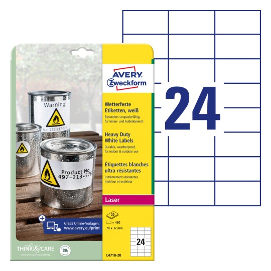 Imaginea ambalajului cu foaie de etichete: Avery Zweckform Etichete de folie rezistente la intemperii, Articol: L4718-20, Format: 70 x 37 mm, Potrivit pentru tipărire: Laser alb-negru, Laser color, Conținut: 480 etichete / 20 foi, 24 etichete/foaie.