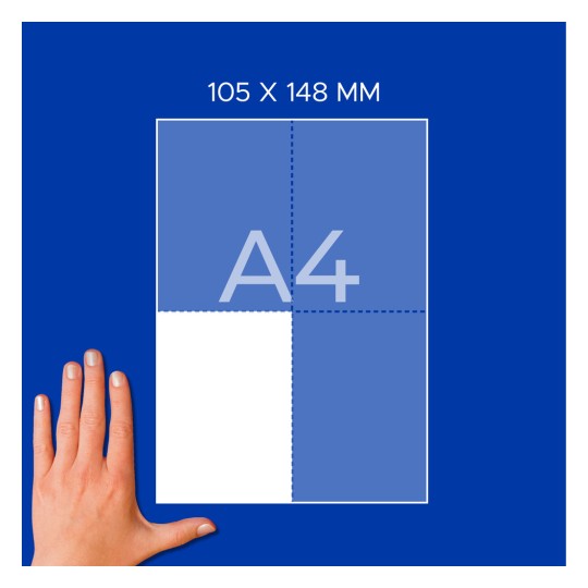 Mână lângă diagrama unei coli de hârtie A4, cu etichetă de 105 x 148 mm și grilă de sfert?