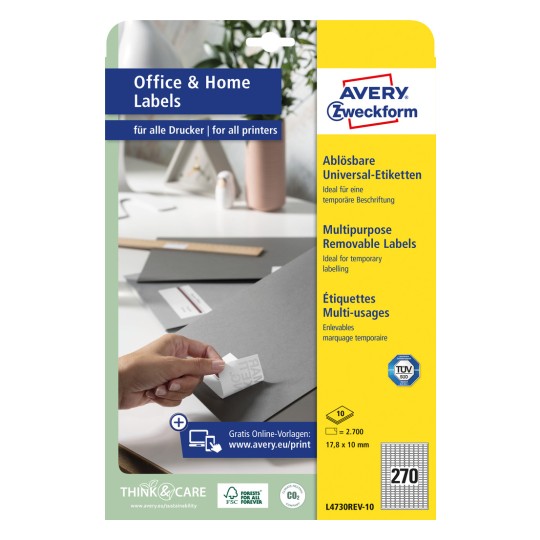 Imagine ambalaj: Avery Zweckform Etichete Universale, detașabile, Articol: L4730REV-10, Format: 17,8 x 10 mm, Compatibilitate imprimantă: Inkjet, Laser alb-negru, Laser color, Conținut: 2.700 etichete / 10 coli, 270 etichete/coală.