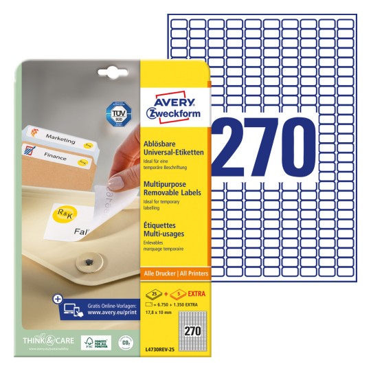 Imaginea pachetului cu foaie de etichete: Avery Zweckform Etichete universale, detașabile, Articol: L4730REV-25, Format: 17,8 x 10 mm, Compatibilitate imprimantă: Inkjet, Laser alb-negru, Laser color, Conținut: 8.100 etichete / 30 foi, 270 etichete/foaie?