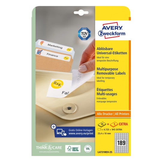 Imaginea ambalajului: Avery Zweckform Etichete Universale, detașabile, Articol: L4731REV-25, Format: 25,4 x 10 mm, Compatibilitate cu imprimanta: Inkjet, Laser alb-negru, Laser color, Conținut: 5.670 etichete / 30 coli, 189 etichete/coală.