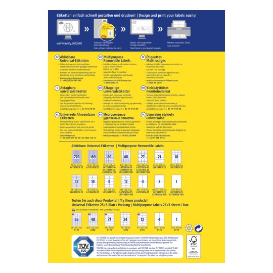 Imaginea arată un ghid pentru proiectarea și imprimarea etichetelor detașabile, incluzând specificații de produs, dimensiuni și etichete care pot fi utilizate pe diferite suprafețe. Include instrucțiuni multilingve și detalii pentru diferite tipuri de etichete disponibile de la Avery.