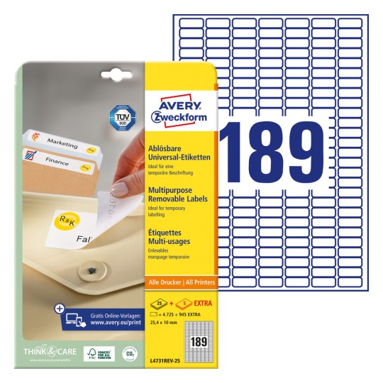 Imaginea ambalajului cu foaie de etichete: Avery Zweckform etichete universale, detașabile, articol: L4731REV-25, format: 25,4 x 10 mm, compatibilitate la imprimare: inkjet, laser alb-negru, laser color, conținut: 5.670 etichete / 30 coli, 189 etichete/coală.