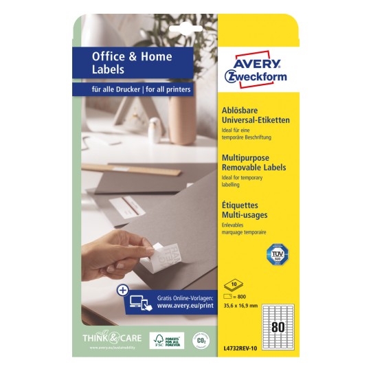 Imagine pachet: Etichete universale Avery Zweckform, detașabile, Articol: L4732REV-10, Format: 35,6 x 16,9 mm, Compatibilitate imprimantă: Inkjet, Laser alb-negru, Laser color, Conținut: 800 etichete / 10 coli, 80 etichete/coală.