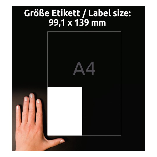 Comparație de mărime cu mâna, articol: L4733REV-25, o foaie de etichete universale, detașabile, format: 99,1 x 139 mm, culoare: alb?