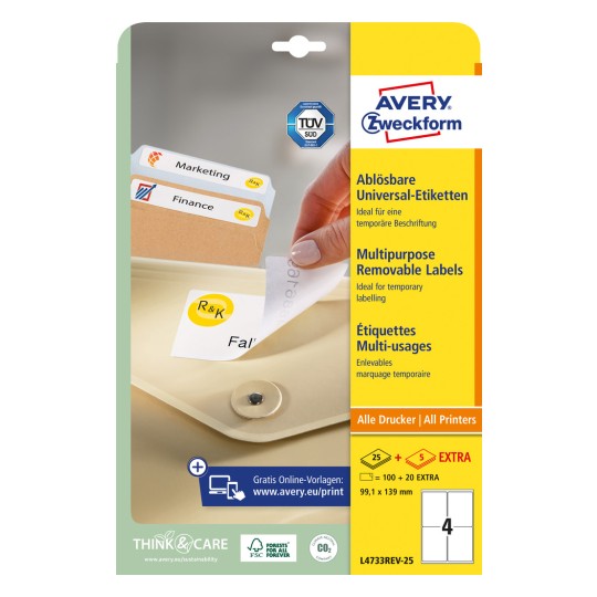 Imaginea pachetului: Etichete universale Avery Zweckform, detașabile, Articol: L4733REV-25, Format: 99,1 x 139 mm, Potrivite pentru imprimantă: Inkjet, Laser alb-negru, Laser color, Conținut: 120 etichete / 30 coli, 4 etichete/coală.