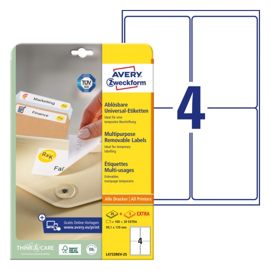 Imagine ambalajului cu foaie de etichete: Avery Zweckform Etichete universale, detașabile, Articol: L4733REV-25, Format: 99,1 x 139 mm, Potrivite pentru imprimante: Inkjet, Laser alb-negru, Laser color, Conținut: 120 etichete / 30 coli, 4 etichete/coală.
